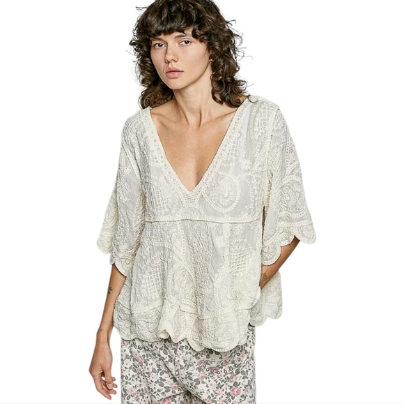 NS12. POL Crochet Bohemian V-neck Oversized Crram Blouse In One Size - Picture 2 of 4